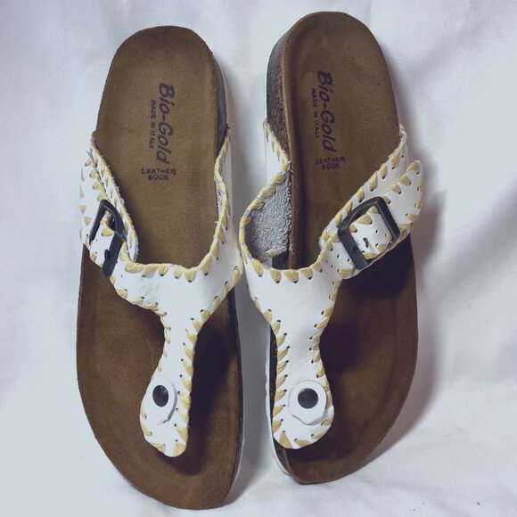 Bio Gold Made in Italy-Women's Leather Sock Slip on Toe Sandals-Cork Sole-Size 9 - Picture 2 of 15